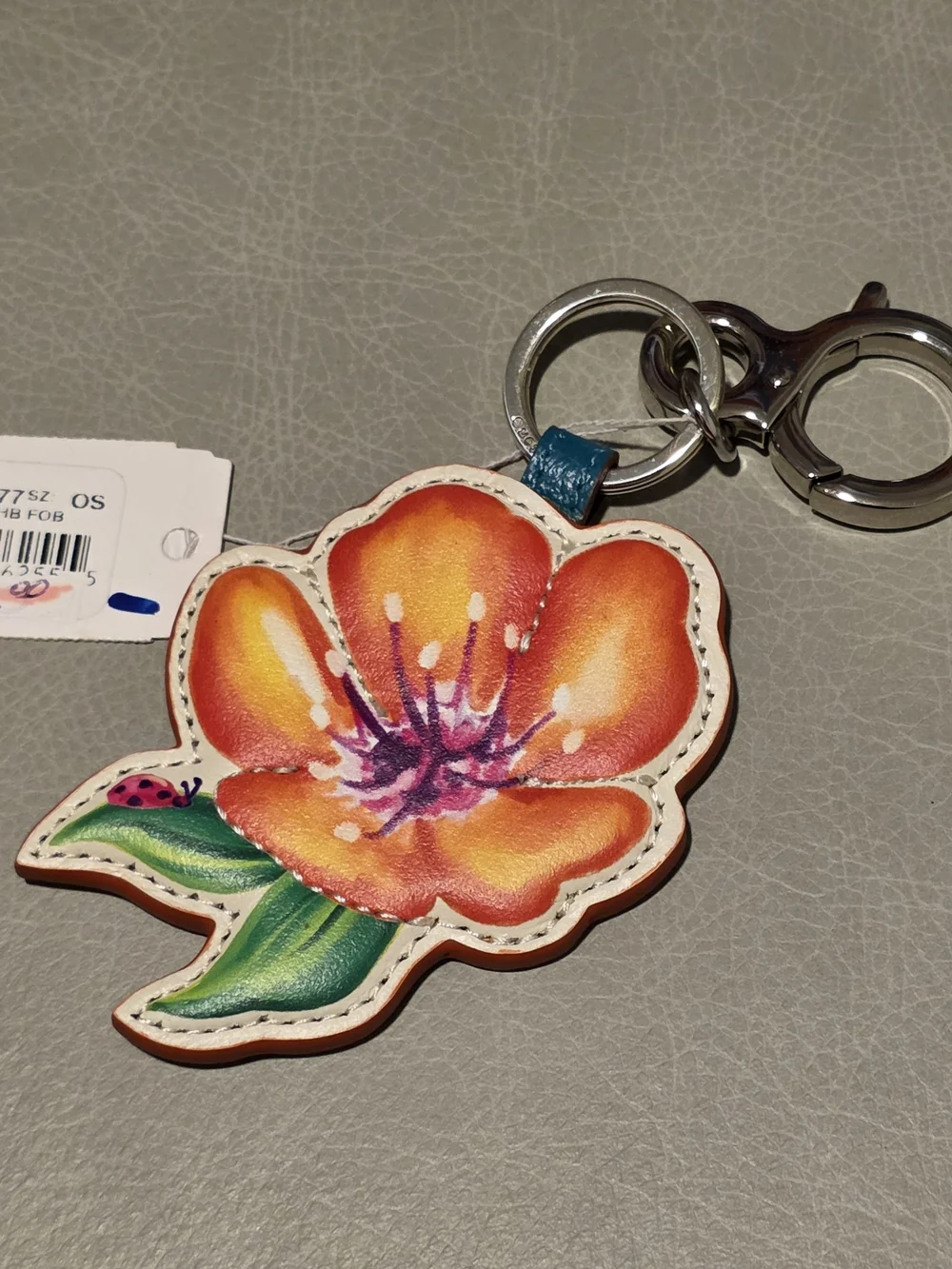 Brighton Flower Floral Leather Key Fob in Orange Keychain Handbag Holder NEW